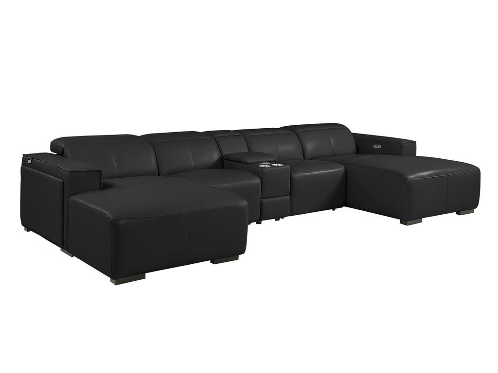 DivanItalia Black Italian Leather 5-Piece Sectional Sofa with Double Chaise – 1224BK-5PC-2CH