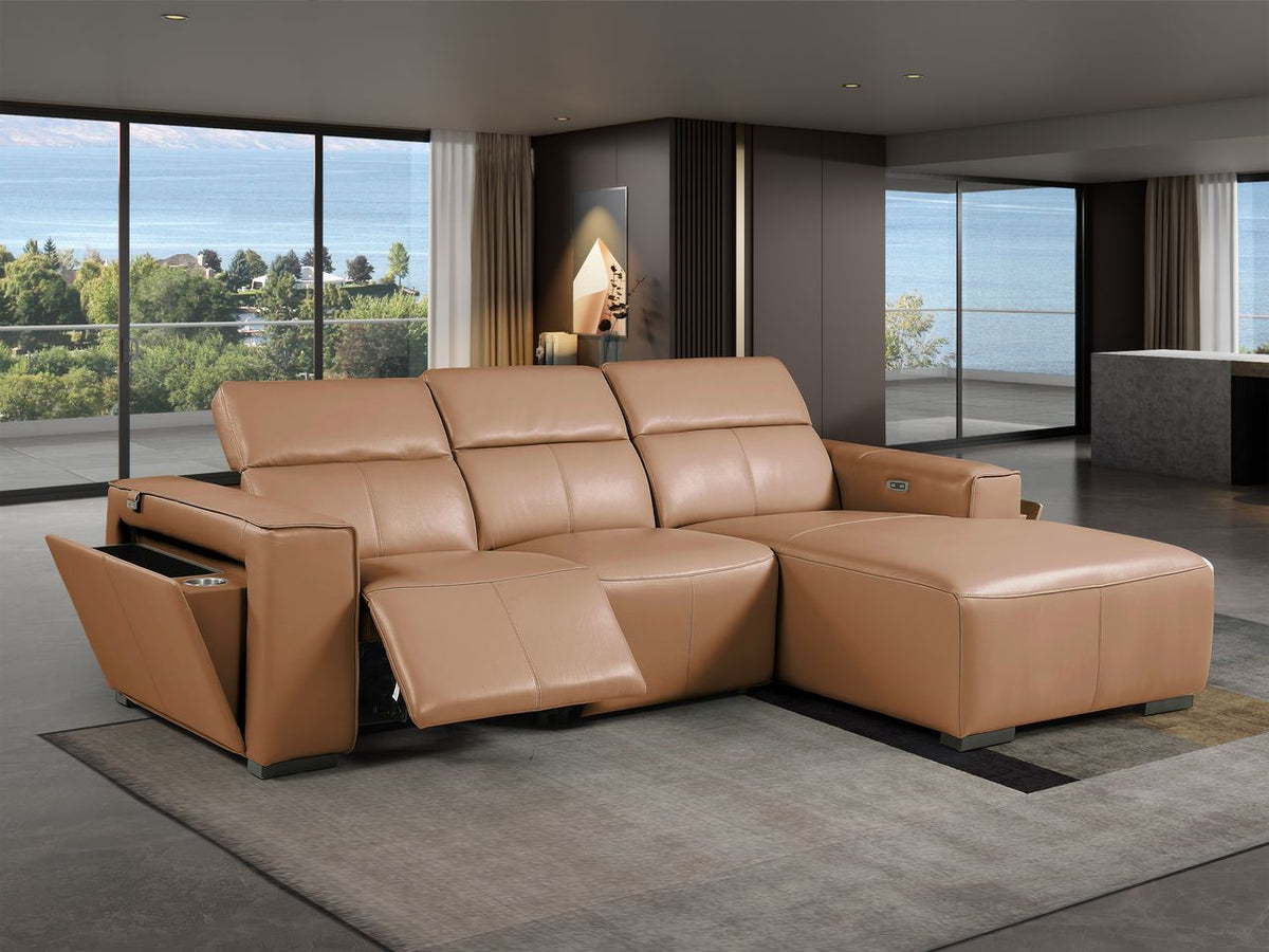DivanItalia Cognac Italian Leather 3-Piece Power Reclining Sectional with Chaise – 1224CG-3PC-CH