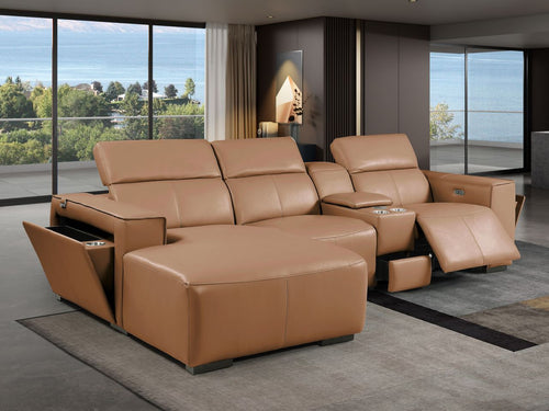DivanItalia Cognac Italian Leather 4-Piece Power Reclining Sectional with Chaise – 1224CG-4PC-CH