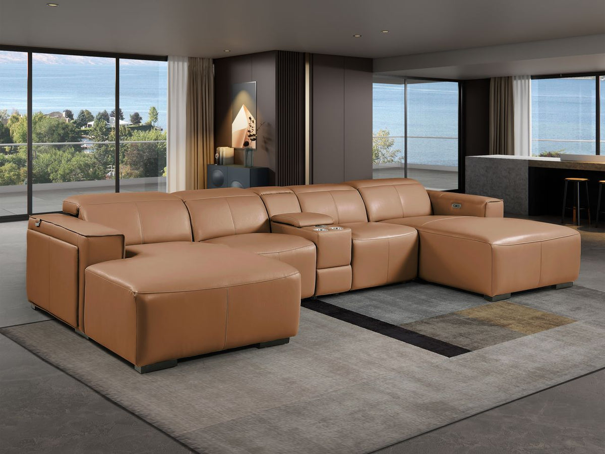 DivanItalia Cognac Italian Leather 5-Piece Sectional Sofa with Double Chaise – 1224CG-5PC-2CH