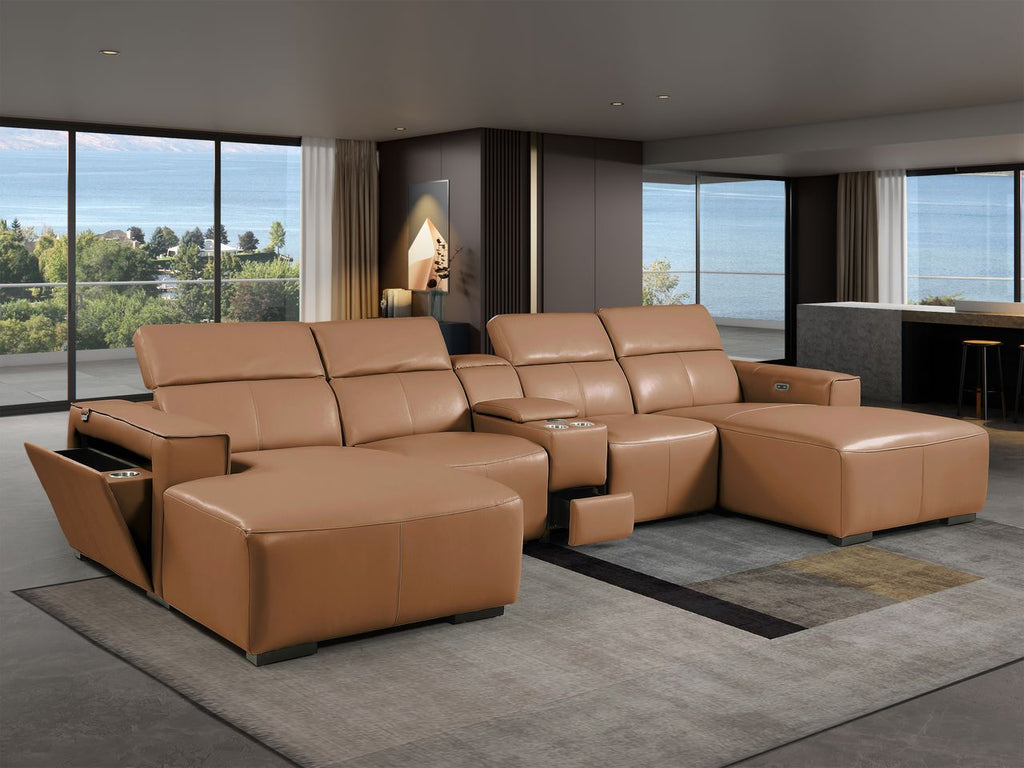 DivanItalia Cognac Italian Leather 5-Piece Sectional Sofa with Double Chaise – 1224CG-5PC-2CH