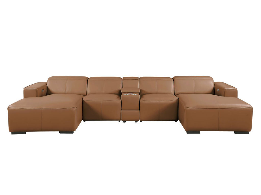 DivanItalia Cognac Italian Leather 5-Piece Sectional Sofa with Double Chaise – 1224CG-5PC-2CH