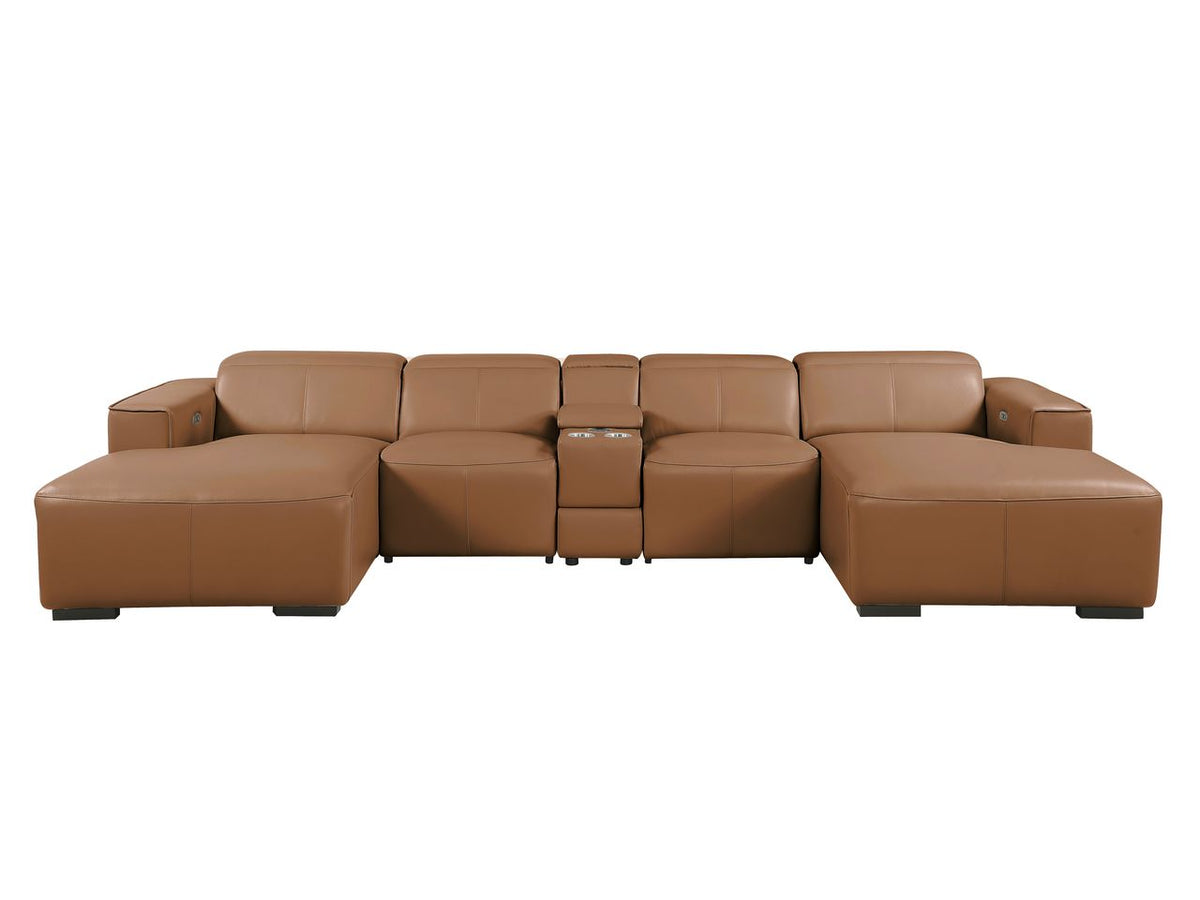 DivanItalia Cognac Italian Leather 5-Piece Sectional Sofa with Double Chaise – 1224CG-5PC-2CH