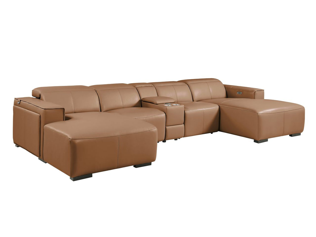 DivanItalia Cognac Italian Leather 5-Piece Sectional Sofa with Double Chaise – 1224CG-5PC-2CH