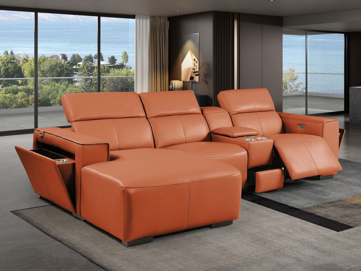 DivanItalia Camel Italian Leather 4-Piece Power Reclining Sectional with Chaise – 1224CM-4PC-CH