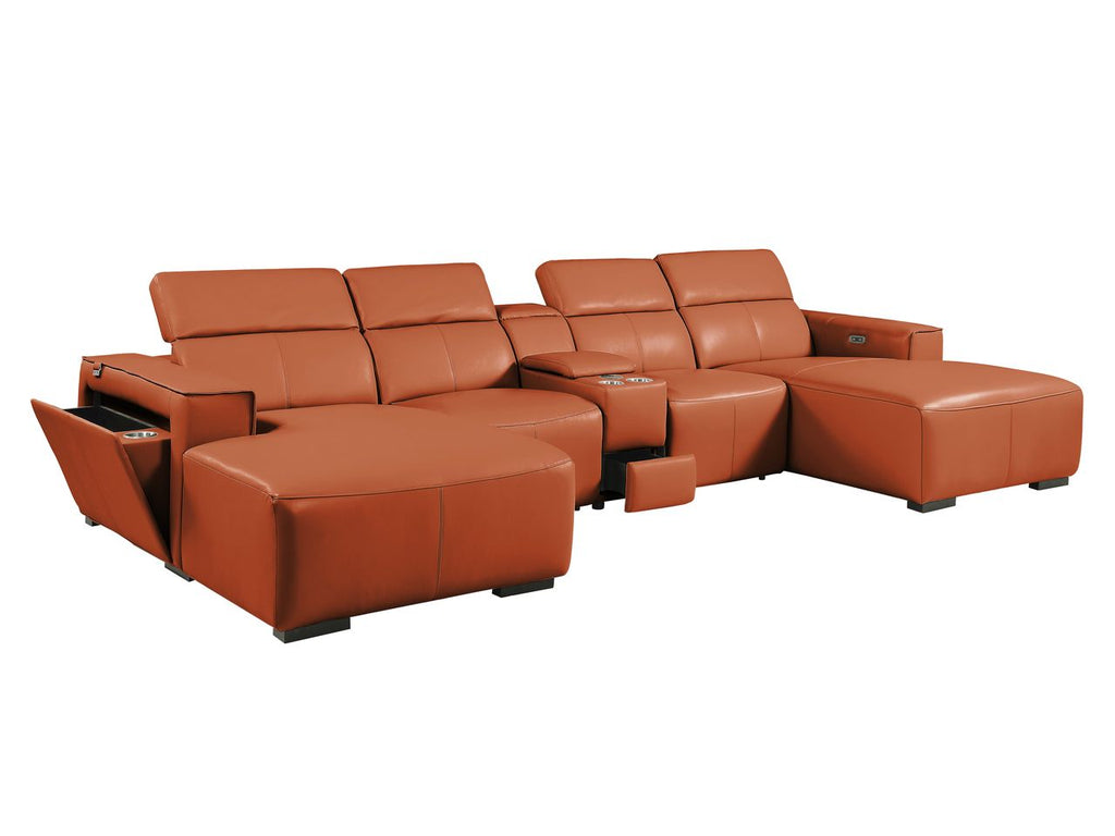 DivanItalia Camel Italian Leather 5-Piece Sectional Sofa with Double Chaise – 1224CM-5PC-2CH