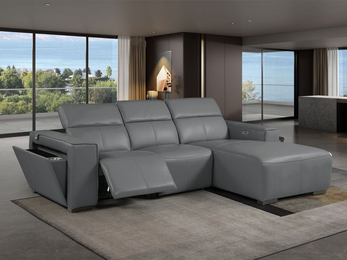 DivanItalia Dark Grey Italian Leather 3-Piece Power Reclining Sectional with Chaise – 1224DG-3PC-CH