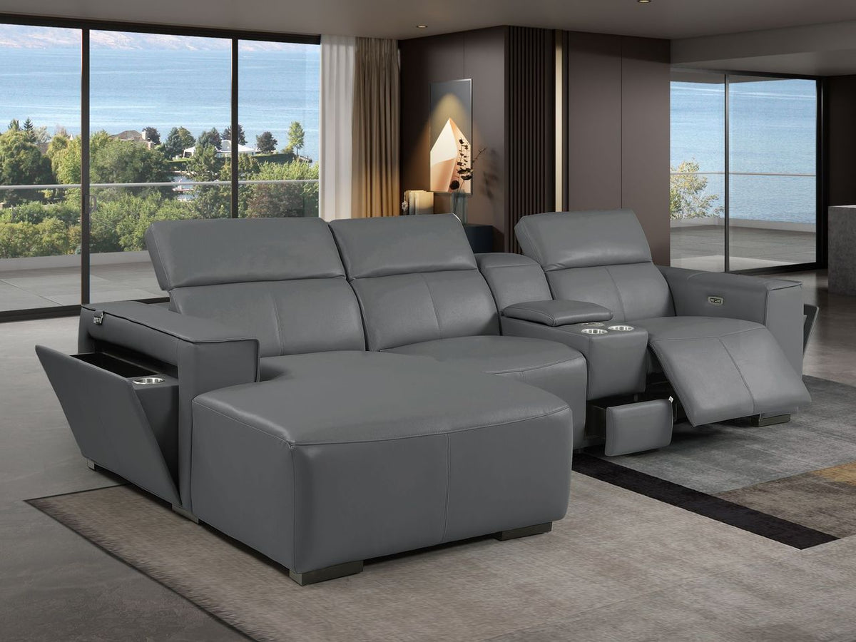 DivanItalia Dark Grey Italian Leather 4-Piece Power Reclining Sectional with Chaise – 1224DG-4PC-CH