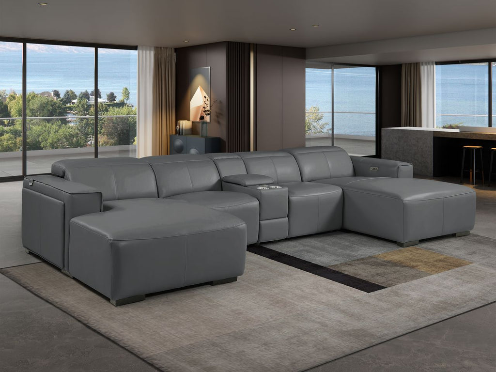 DivanItalia Dark Grey Italian Leather 5-Piece Sectional Sofa with Double Chaise – 1224DG-5PC-2CH