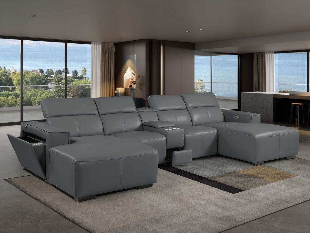 DivanItalia Dark Grey Italian Leather 5-Piece Sectional Sofa with Double Chaise – 1224DG-5PC-2CH