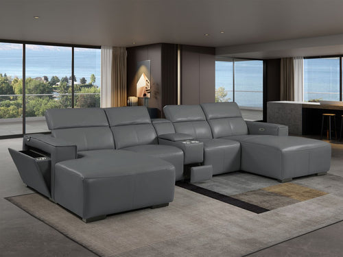 DivanItalia Dark Grey Italian Leather 5-Piece Sectional Sofa with Double Chaise – 1224DG-5PC-2CH