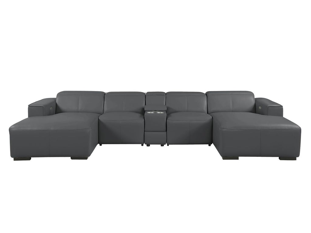 DivanItalia Dark Grey Italian Leather 5-Piece Sectional Sofa with Double Chaise – 1224DG-5PC-2CH