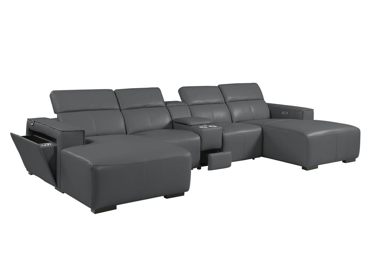 DivanItalia Dark Grey Italian Leather 5-Piece Sectional Sofa with Double Chaise – 1224DG-5PC-2CH