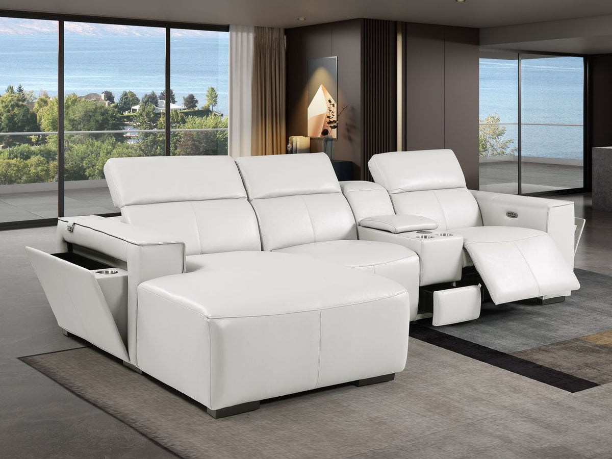 DivanItalia Light Grey Italian Leather 4-Piece Power Reclining Sectional with Chaise – 1224LG-4PC-CH
