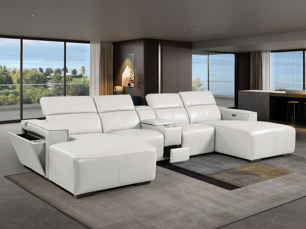 DivanItalia Light Grey Italian Leather 5-Piece Sectional Sofa with Double Chaise – 1224LG-5PC-2CH