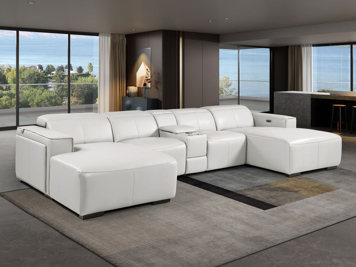 DivanItalia Light Grey Italian Leather 5-Piece Sectional Sofa with Double Chaise – 1224LG-5PC-2CH