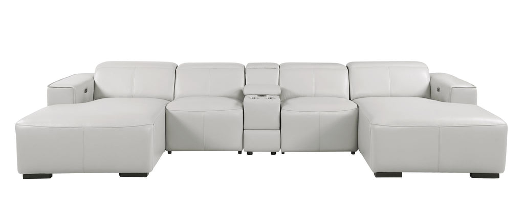 DivanItalia Light Grey Italian Leather 5-Piece Sectional Sofa with Double Chaise – 1224LG-5PC-2CH