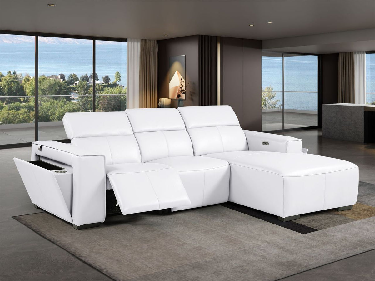 DivanItalia White Italian Leather 3-Piece Power Reclining Sectional with Chaise – 1224WH-3PC-CH