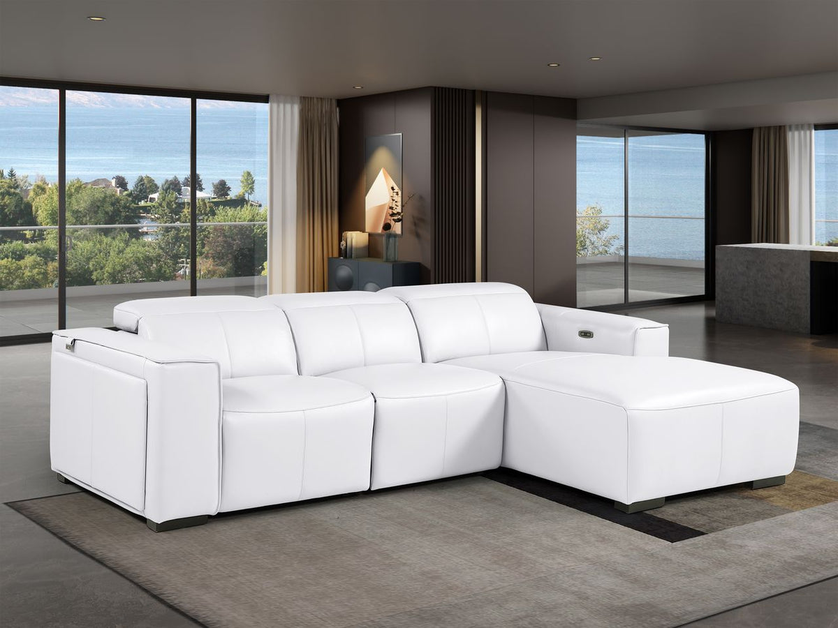 DivanItalia White Italian Leather 3-Piece Power Reclining Sectional with Chaise – 1224WH-3PC-CH
