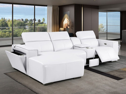 DivanItalia White Italian Leather 4-Piece Power Reclining Sectional with Chaise – 1224WH-4PC-CH