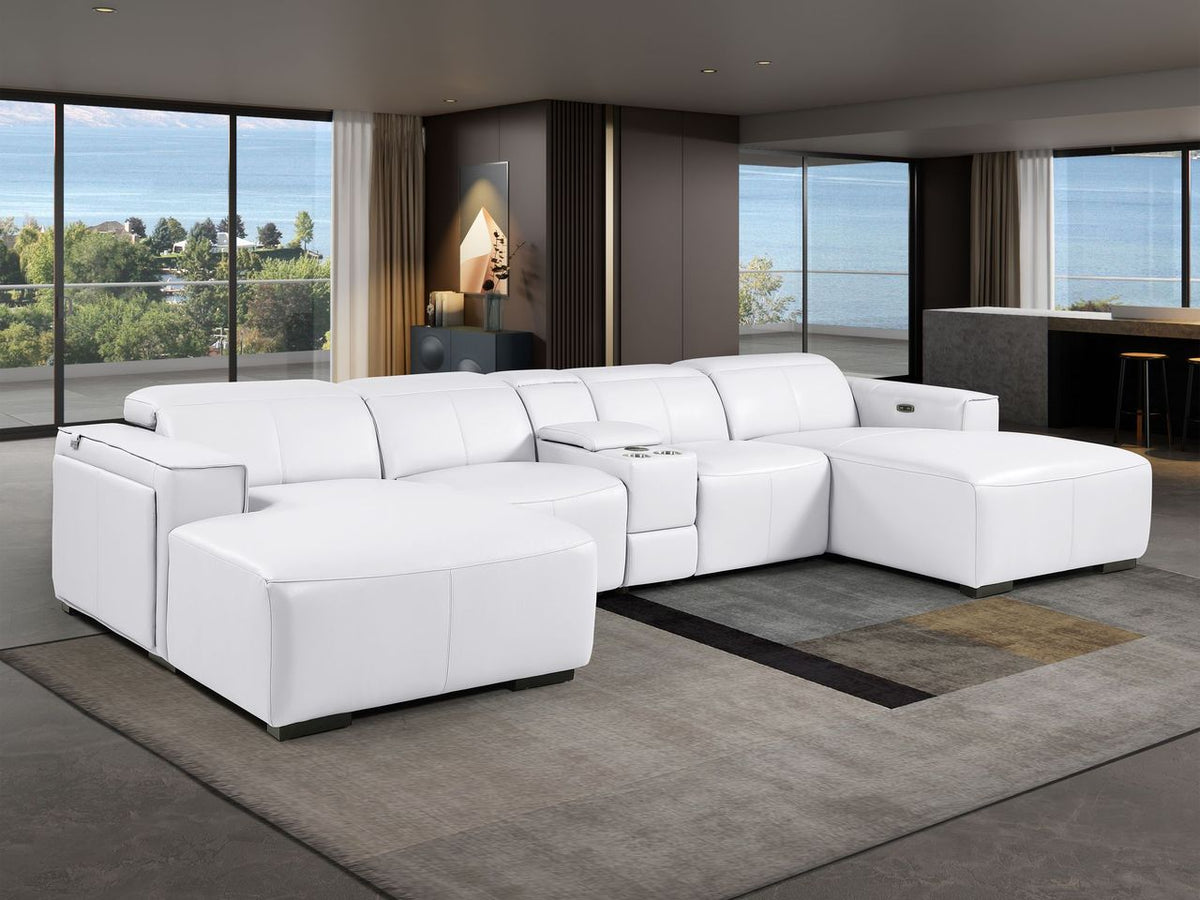 DivanItalia White Italian Leather 5-Piece Sectional Sofa with Double Chaise – 1224WH-5PC-2CH