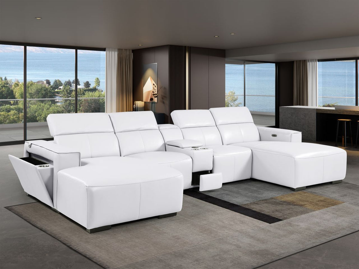 DivanItalia White Italian Leather 5-Piece Sectional Sofa with Double Chaise – 1224WH-5PC-2CH