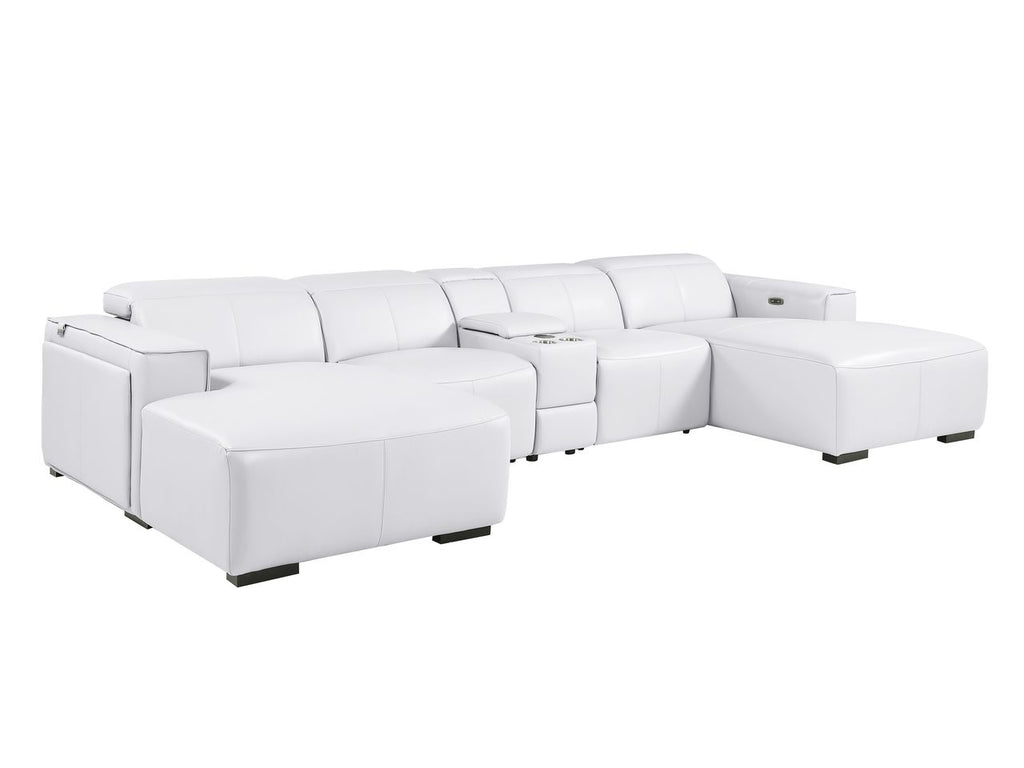 DivanItalia White Italian Leather 5-Piece Sectional Sofa with Double Chaise – 1224WH-5PC-2CH