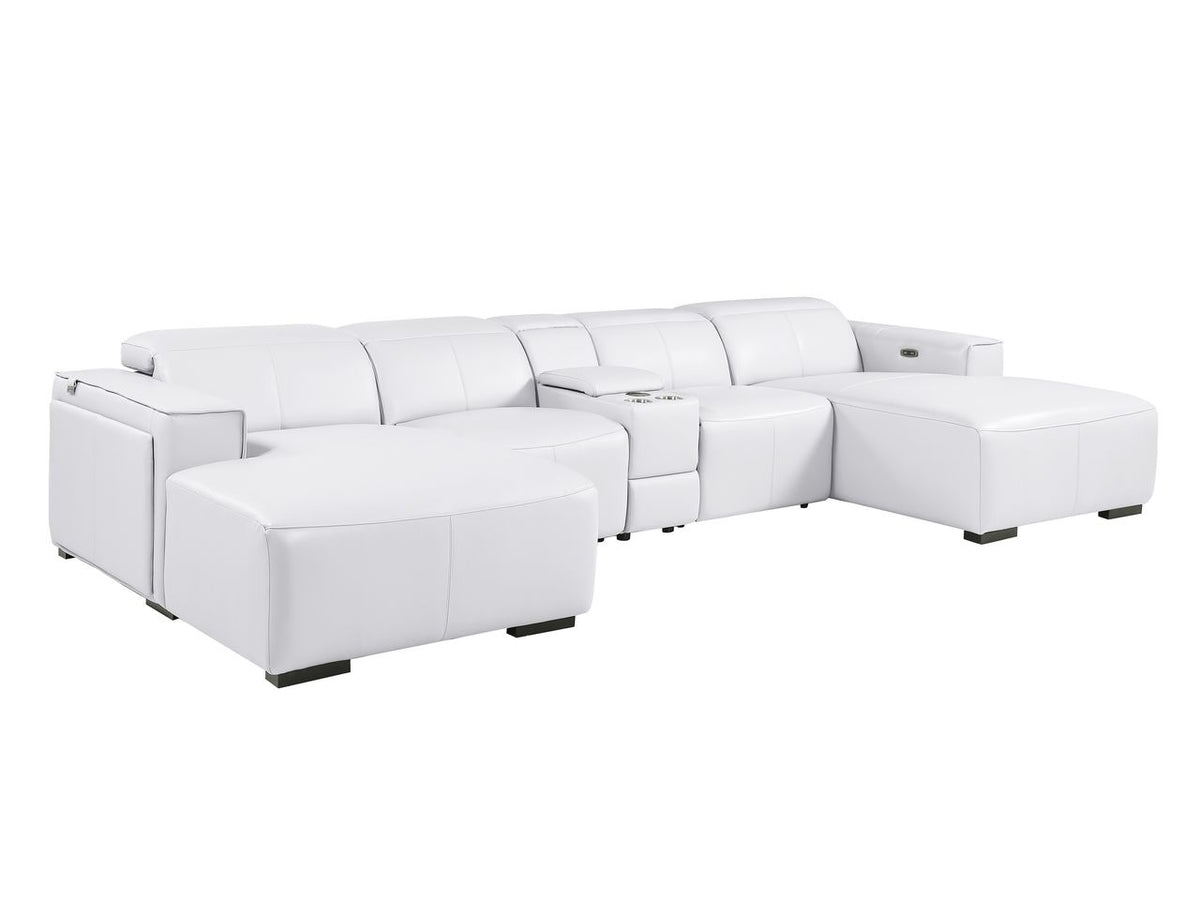 DivanItalia White Italian Leather 5-Piece Sectional Sofa with Double Chaise – 1224WH-5PC-2CH