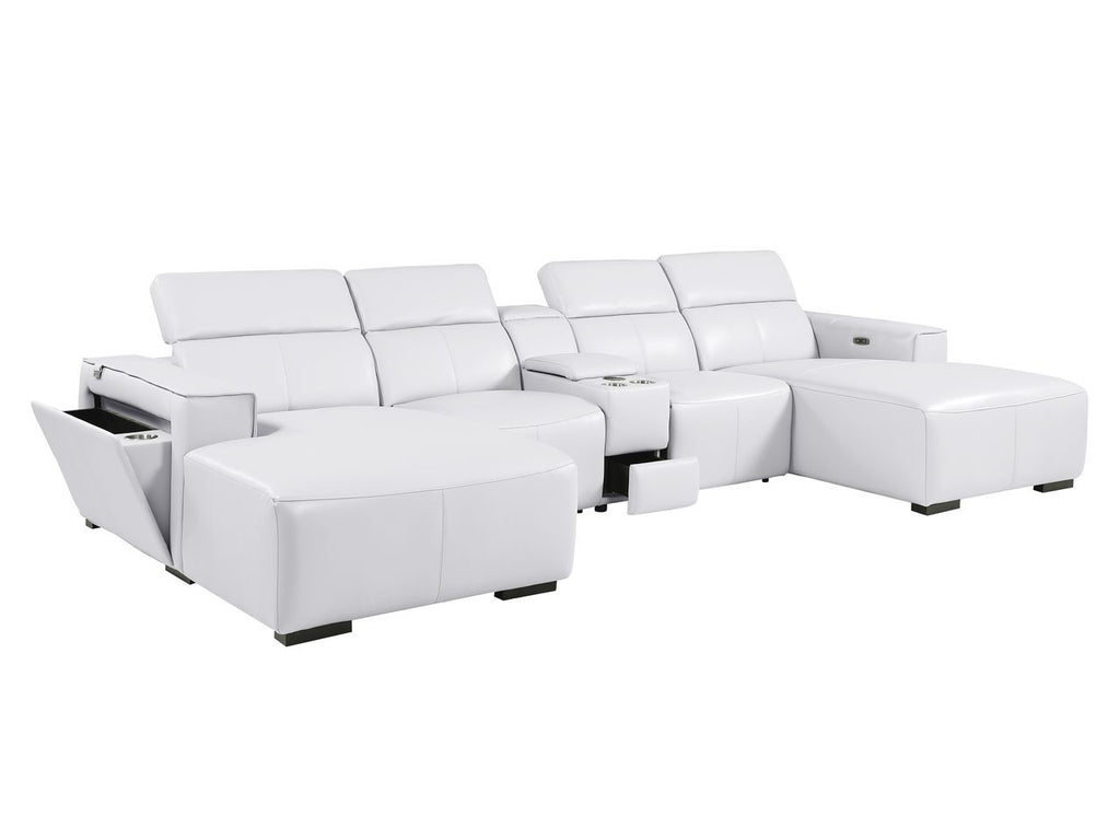 DivanItalia White Italian Leather 5-Piece Sectional Sofa with Double Chaise – 1224WH-5PC-2CH