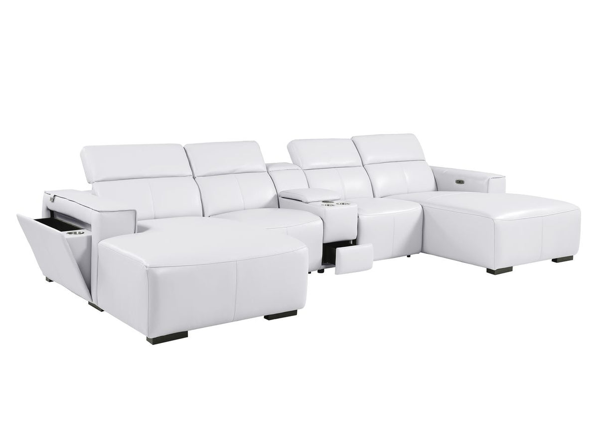 DivanItalia White Italian Leather 5-Piece Sectional Sofa with Double Chaise – 1224WH-5PC-2CH