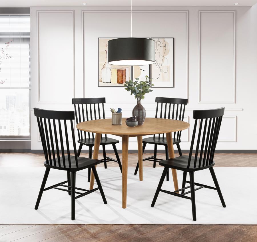 Coaster 122500-S5B 5 pc Andrews light ash finish wood 48" round mid-century dining table set black spindle back chairs