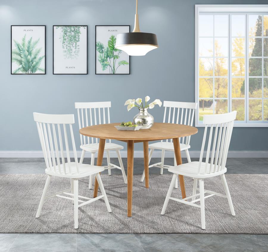 Coaster 122500-S5W 5 pc Andrews light ash finish wood 48" round mid-century dining table set white spindle back chairs
