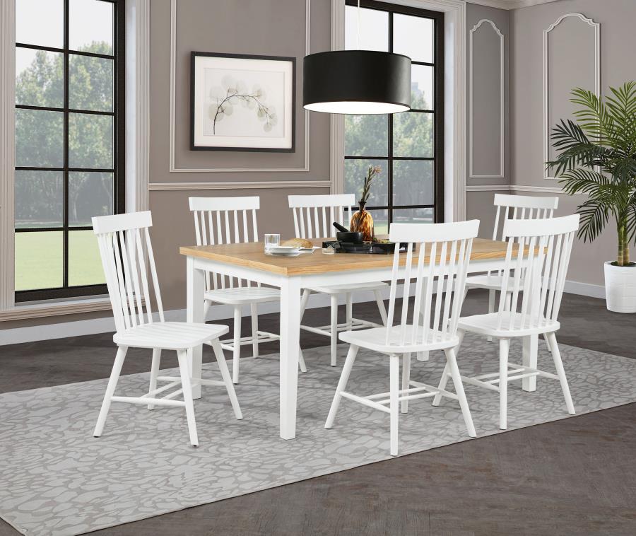 Coaster 122501-S7W 7 pc Andrews two tone light ash and white finish wood mid-century dining table set white spindle back chairs
