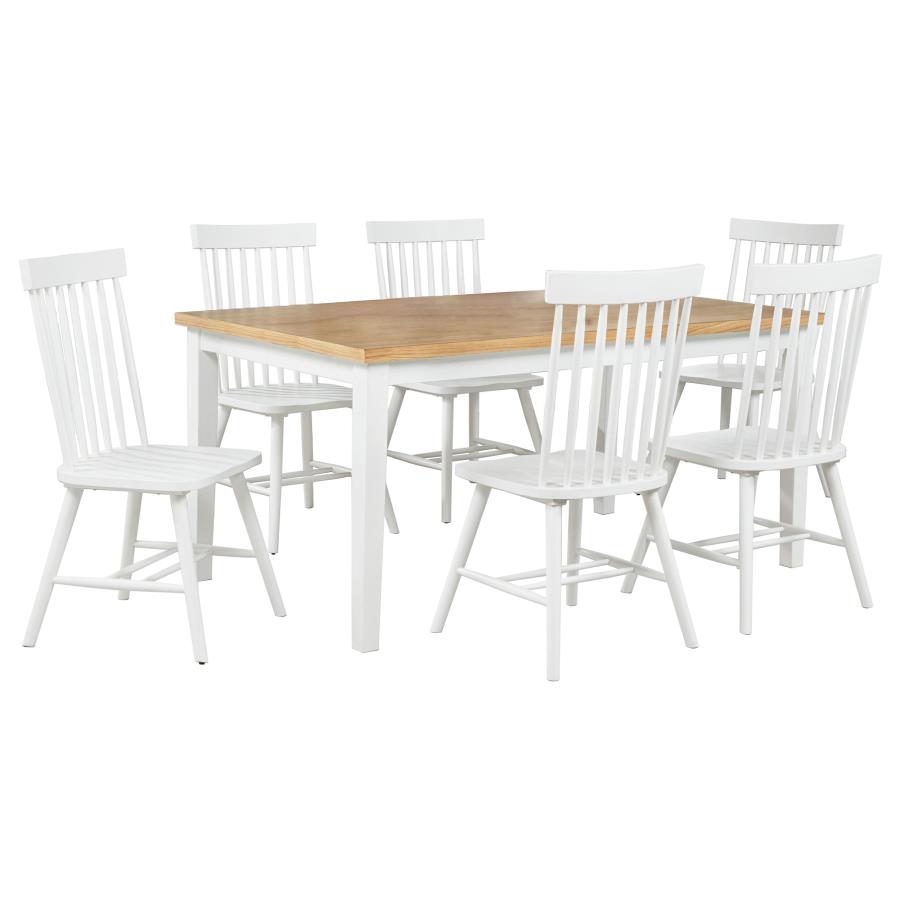 Coaster 122501-S7W 7 pc Andrews two tone light ash and white finish wood mid-century dining table set white spindle back chairs