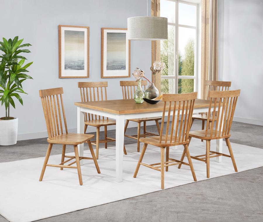 Coaster 122501-S7 7 pc Andrews two tone light ash and white finish wood mid-century dining table set spindle back chairs