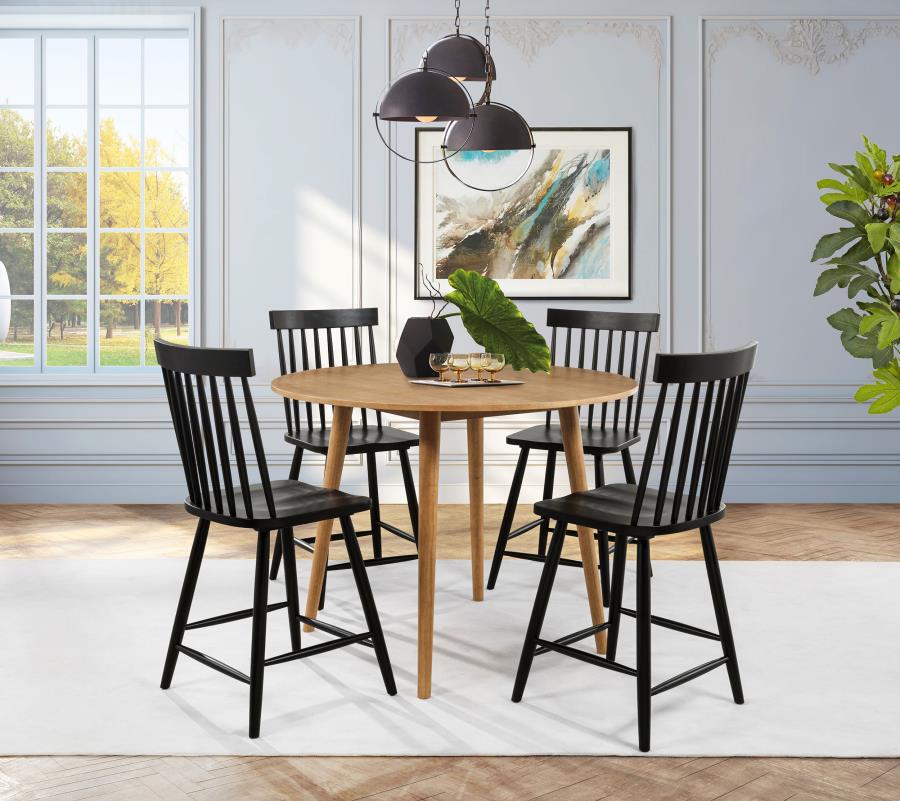 Coaster 122508-S5B 5 pc Andrews light ash finish wood 48" round counter height mid-century dining table set black spindle back chairs