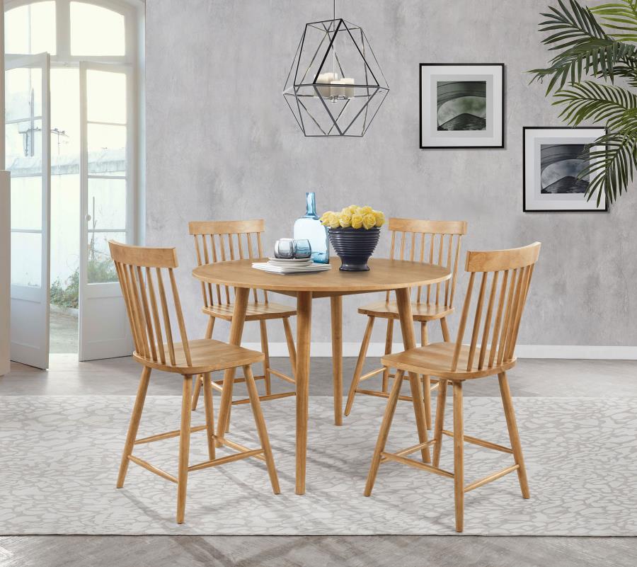 Coaster 122508-S5 5 pc Andrews light ash finish wood 48" round counter height mid-century dining table set spindle back chairs