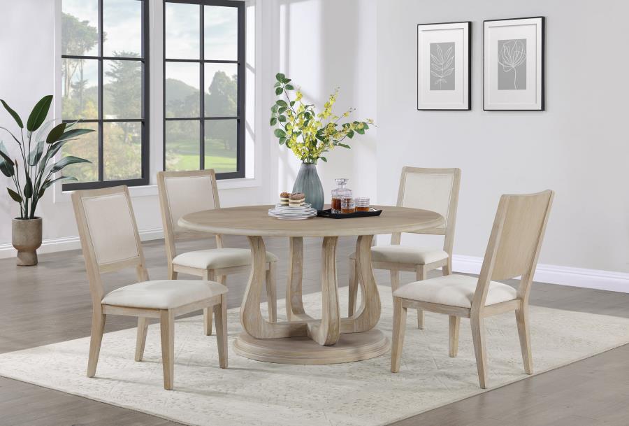 Coaster 123120-S5 5 pc Trofello white washed finish wood 60" round dining table set