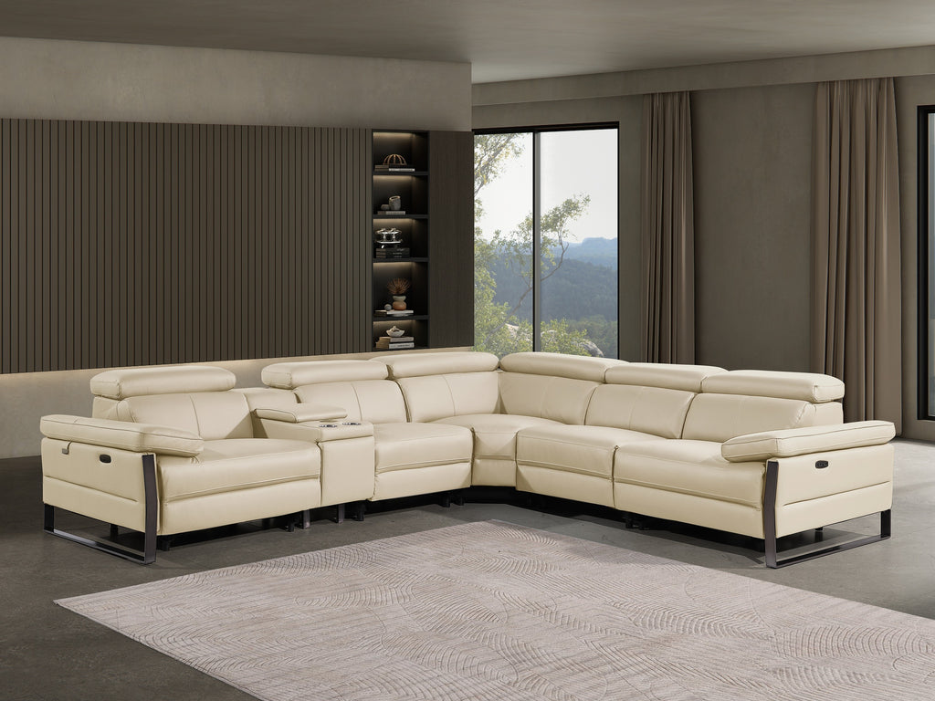 Global United DivanItalia Beige Italian Leather 6-Piece Power Reclining Sectional Sofa with Power Adjustable Headrests and Wireless Charging – 1246BG-6PC
