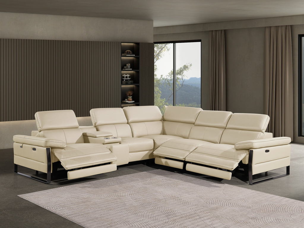 Global United DivanItalia Beige Italian Leather 6-Piece Power Reclining Sectional Sofa with Power Adjustable Headrests and Wireless Charging – 1246BG-6PC