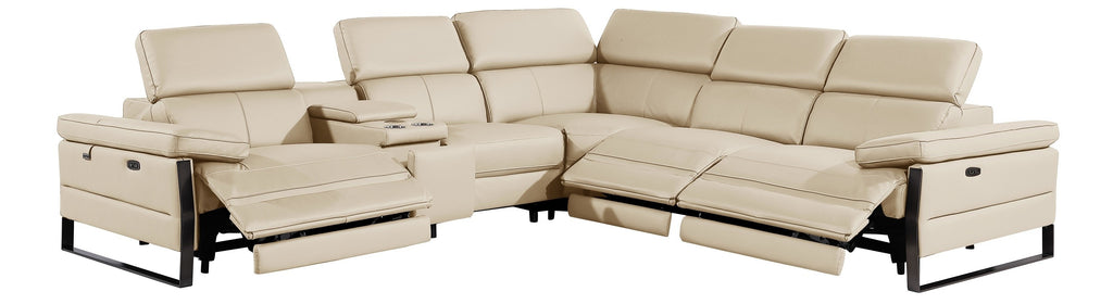 Global United DivanItalia Beige Italian Leather 6-Piece Power Reclining Sectional Sofa with Power Adjustable Headrests and Wireless Charging – 1246BG-6PC