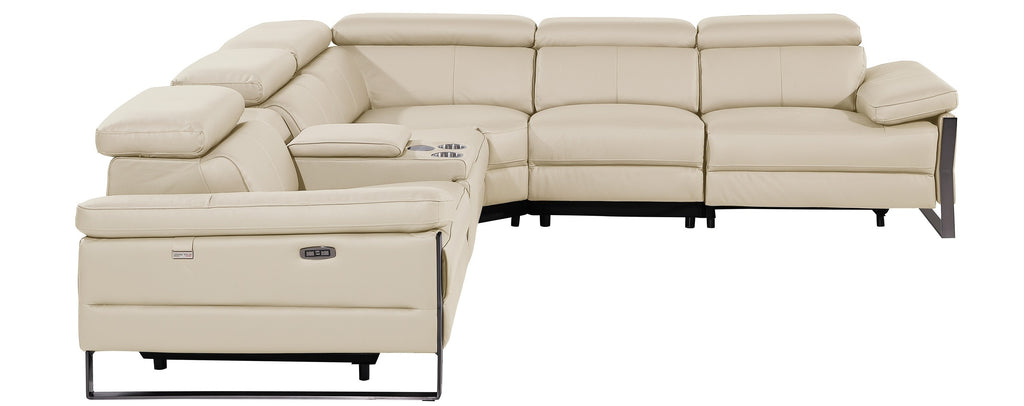 Global United DivanItalia Beige Italian Leather 6-Piece Power Reclining Sectional Sofa with Power Adjustable Headrests and Wireless Charging – 1246BG-6PC