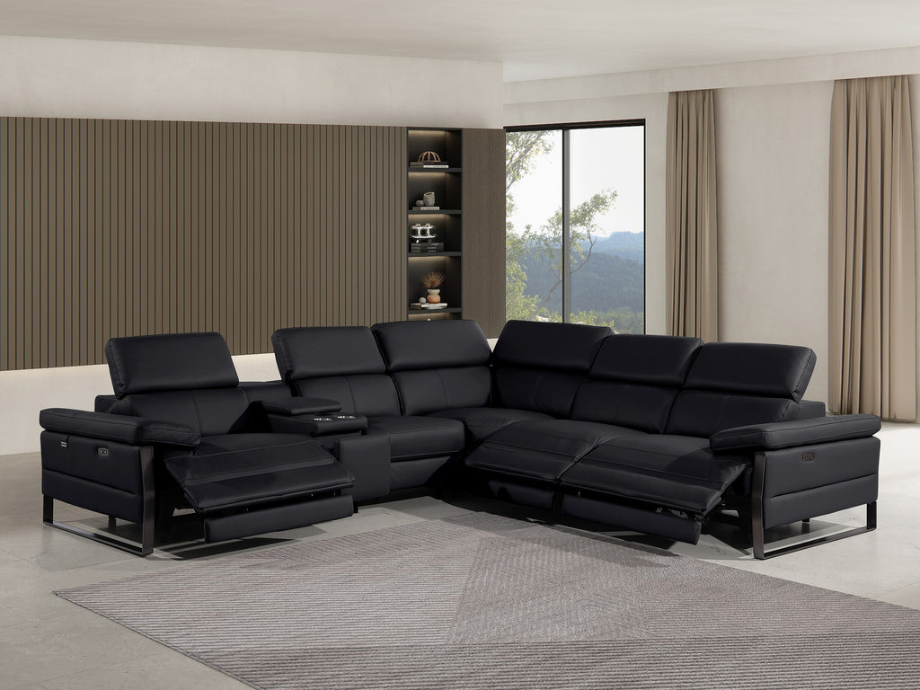 Global United 1246BK-6PC 6 pc Divan black italian leather power reclining sectional sofa power adjustable headrests wireless charging