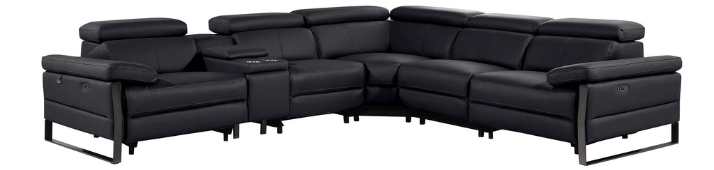 Global United 1246BK-6PC 6 pc Divan black italian leather power reclining sectional sofa power adjustable headrests wireless charging