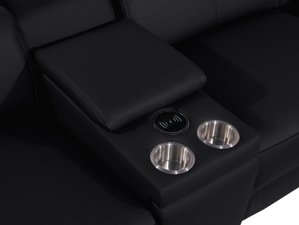 Global United 1246BK-6PC 6 pc Divan black italian leather power reclining sectional sofa power adjustable headrests wireless charging