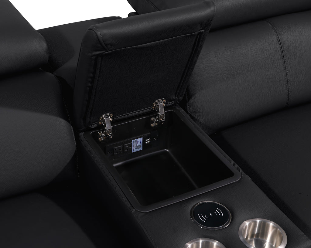 Global United 1246BK-6PC 6 pc Divan black italian leather power reclining sectional sofa power adjustable headrests wireless charging