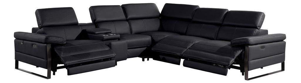 Global United 1246BK-6PC 6 pc Divan black italian leather power reclining sectional sofa power adjustable headrests wireless charging