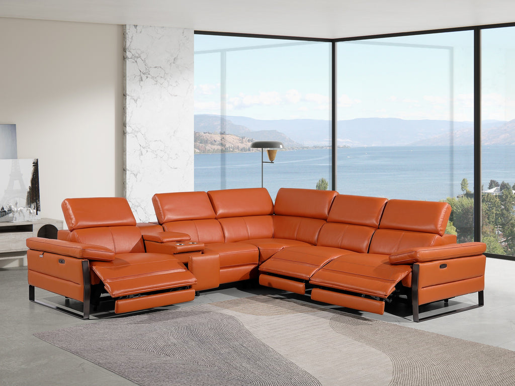 Global United 1246CM-6PC 6 pc Divan camel italian leather power reclining sectional sofa power adjustable headrests wireless charging