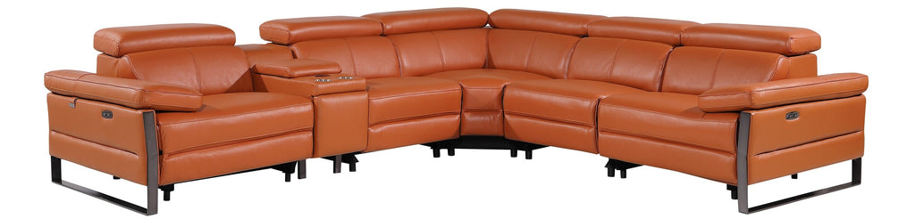 Global United 1246CM-6PC 6 pc Divan camel italian leather power reclining sectional sofa power adjustable headrests wireless charging