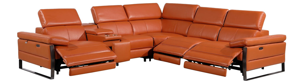 Global United 1246CM-6PC 6 pc Divan camel italian leather power reclining sectional sofa power adjustable headrests wireless charging